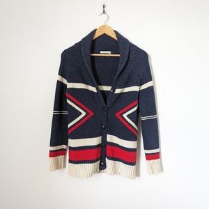 Marine Layer navy blue red ivory knit wool heavy cardigan button down sweater